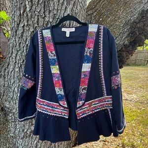Anthropologie-Blue linen embroidered and beaded peplum open front jacket.Size M